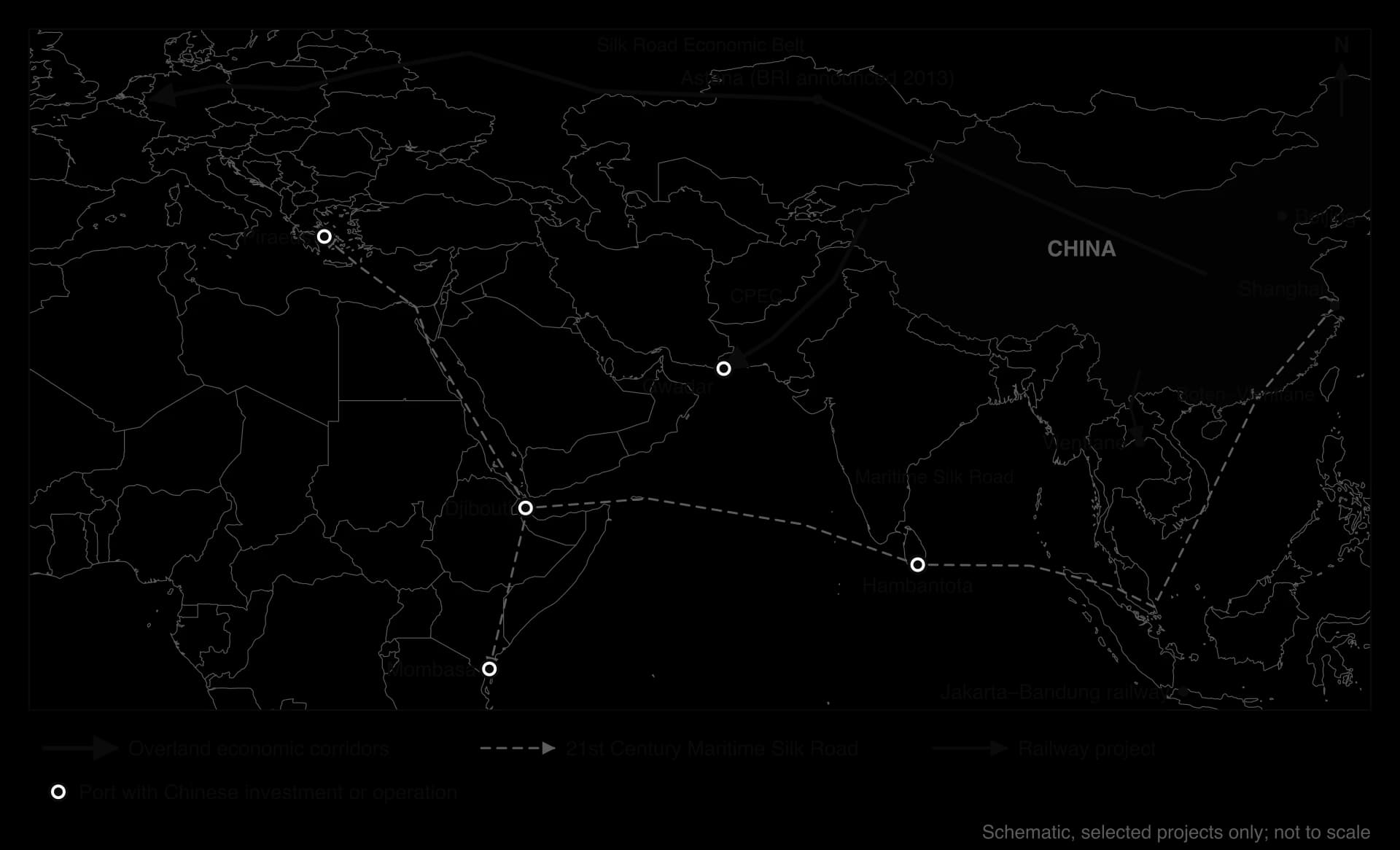 Schematic map of the Belt and Road Initiative: overland corridor from China via Astana to Europe, CPEC from Kashgar to Gwadar, the Maritime Silk Road via Malacca, Hambantota, Djibouti and Mombasa to Suez and Piraeus, and railways to Vientiane and Jakarta–Bandung.