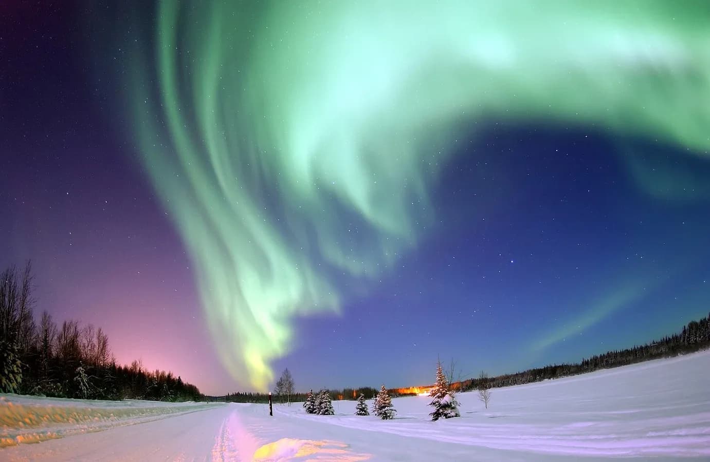 Green curtains of the aurora borealis filling a starry night sky above snow-covered ground and trees in Alaska.