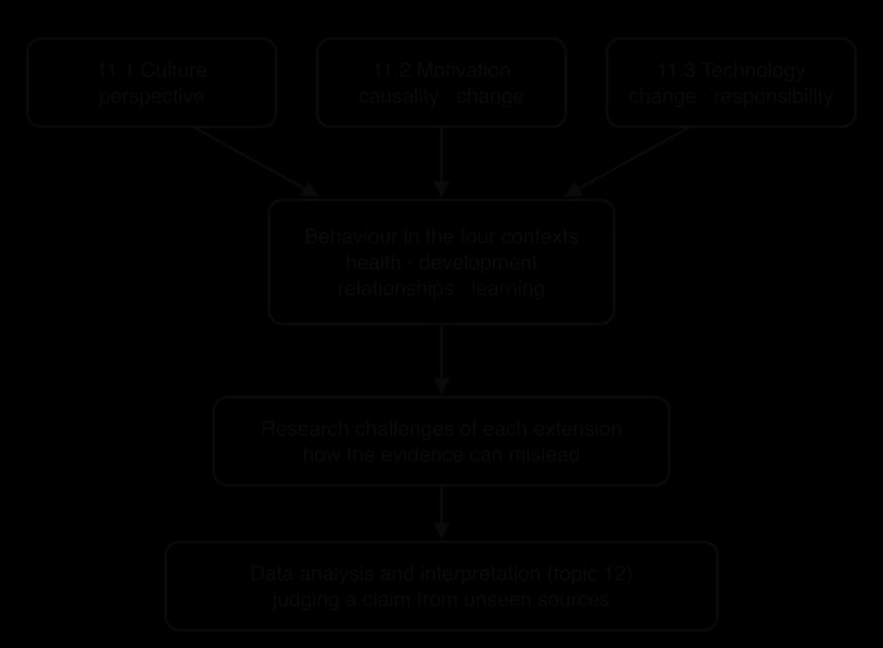 Map: culture (perspective), motivation (causality, change) and technology (change, responsibility) each point to behaviour in the four contexts, which leads to the research challenges of each extension and then to data analysis and interpretation of unseen sources.