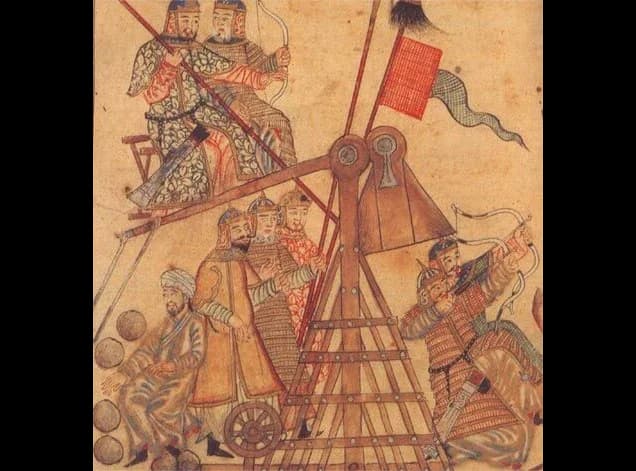 Persian manuscript painting of Mongol soldiers in armour beside a large wooden siege engine with a throwing arm and a box-shaped counterweight. A pile of round stone shot lies at the left; archers shoot at the right.