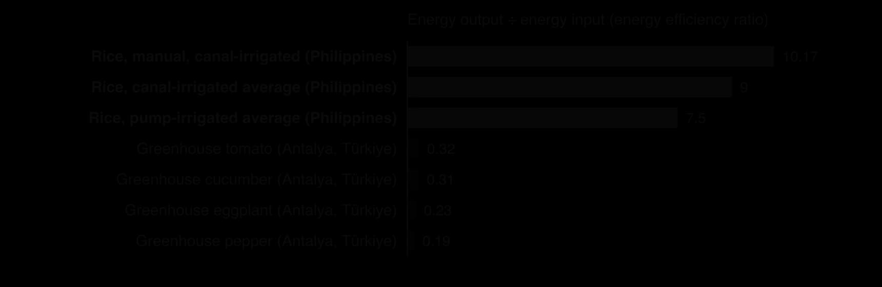 Bar chart of energy efficiency ratios: Philippine rice 10.17 (manual, canal), 9.0 (canal average) and 7.5 (pump average); Antalya greenhouse tomato 0.32, cucumber 0.31, eggplant 0.23, pepper 0.19.