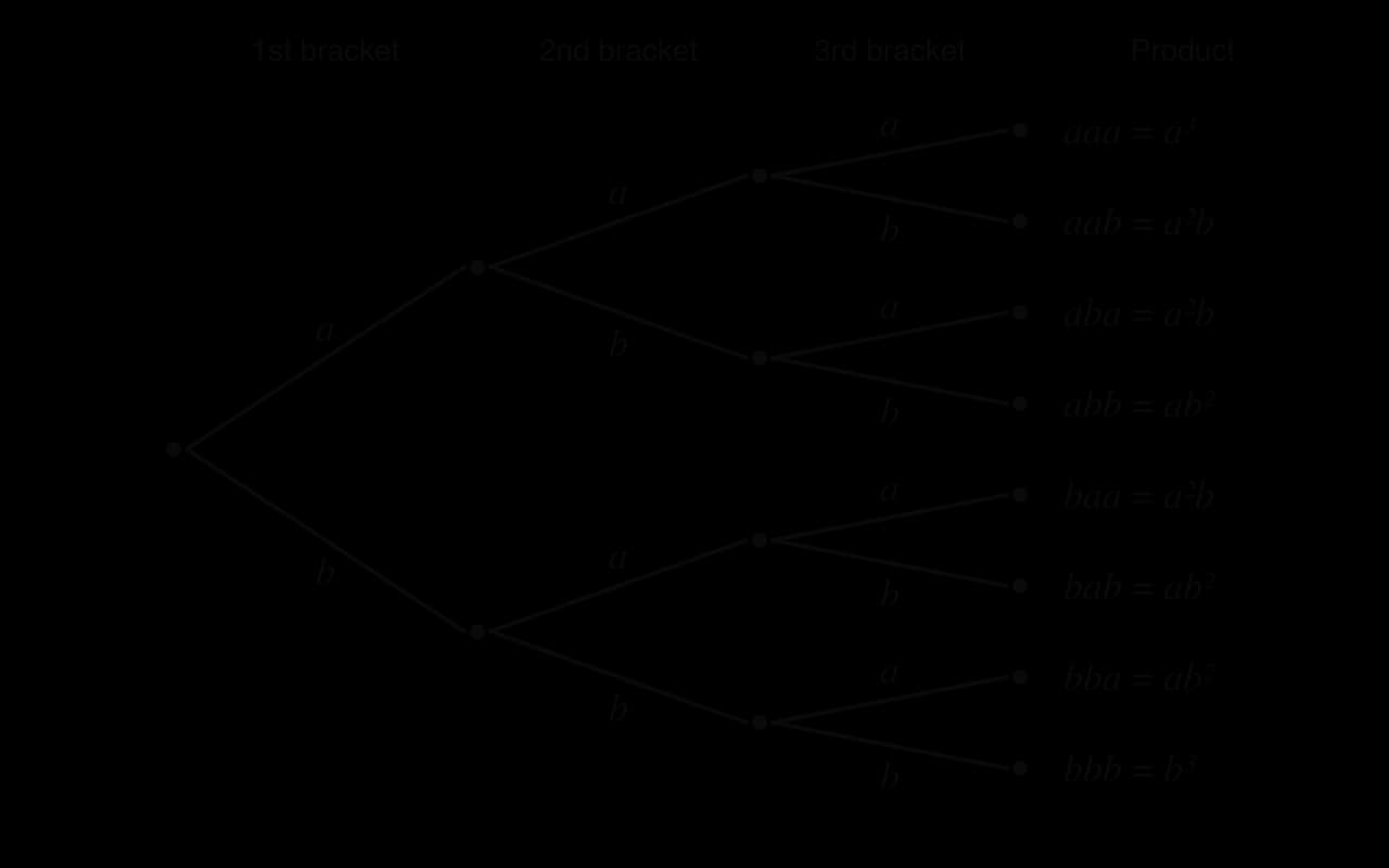 Tree diagram for expanding (a + b)³: from each of three brackets choose a or b, giving 8 paths. Products: aaa = a³; aab, aba, baa = a²b; abb, bab, bba = ab²; bbb = b³.