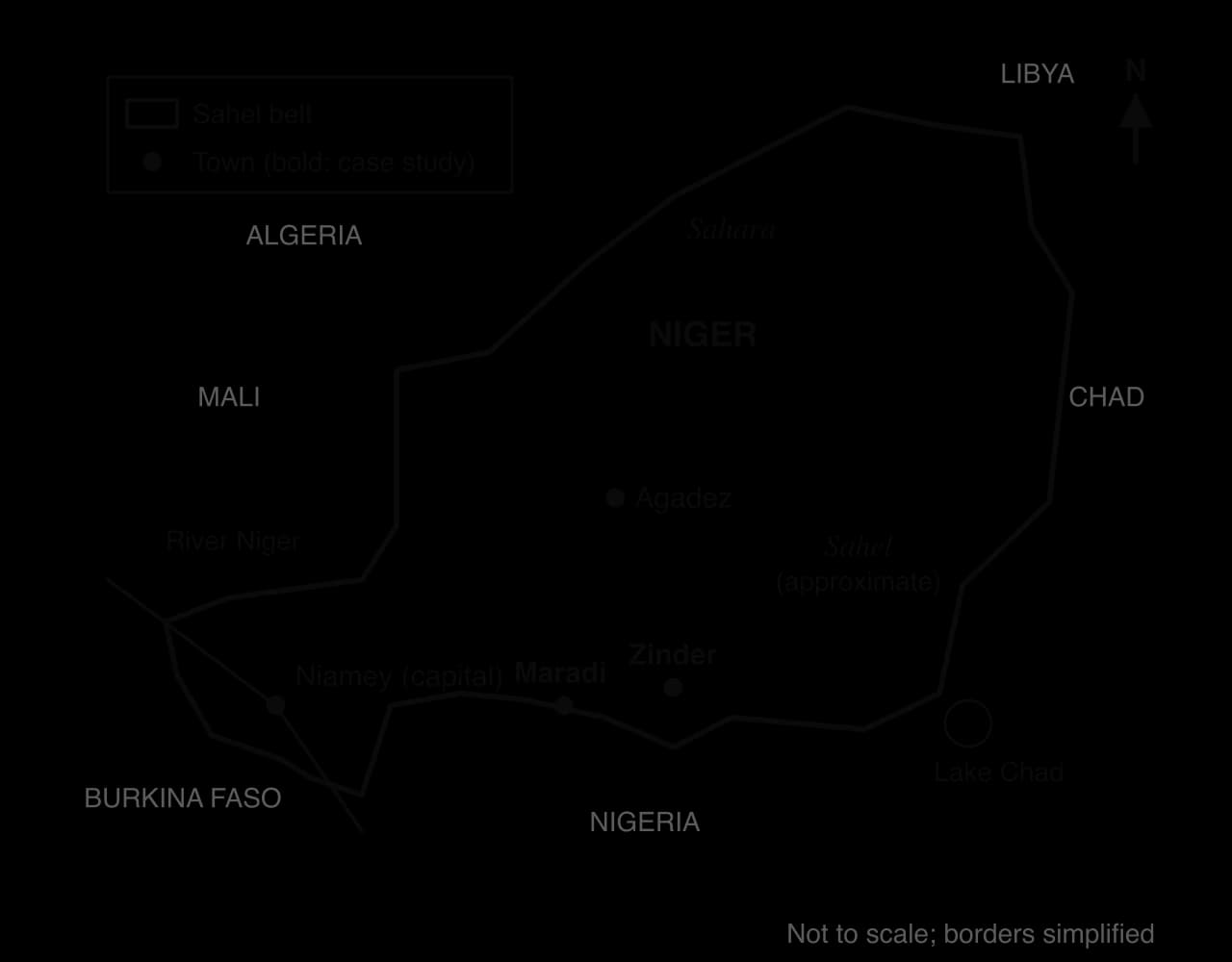 Sketch map of Niger with the Sahara in the north and the Sahel belt across the south; Niamey on the River Niger in the south-west, Maradi and Zinder near the Nigerian border, Agadez in the centre and Lake Chad to the south-east.
