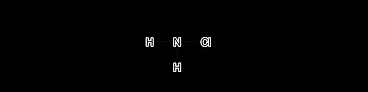 Lewis formula of chloramine, NH2Cl: N bonded to two H atoms and one Cl atom, with one lone pair on N and three lone pairs on Cl.