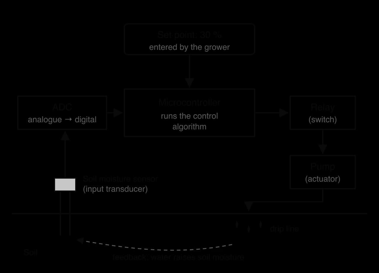 Irrigation system: soil moisture sensor (input transducer) to ADC, to a microcontroller with a set point of 30 % from the grower, to a relay and pump (actuator) feeding a drip line; feedback: the water raises the soil moisture the sensor measures.