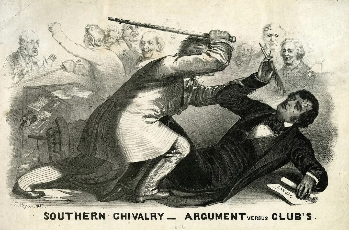 Lithograph of a man in the US Senate chamber raising a cane over a man who has fallen to the floor beside his desk, holding up a pen and a paper marked Kansas. Other senators watch, some smiling.