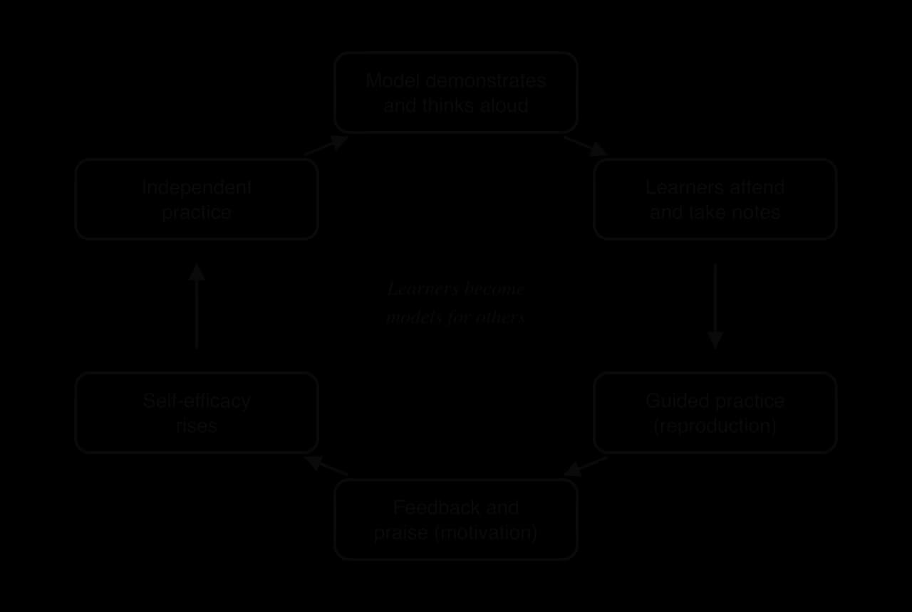 Cycle diagram of classroom modelling: model demonstrates and thinks aloud, learners attend and take notes, guided practice, feedback and praise, self-efficacy rises, independent practice; in the centre, learners become models for others.