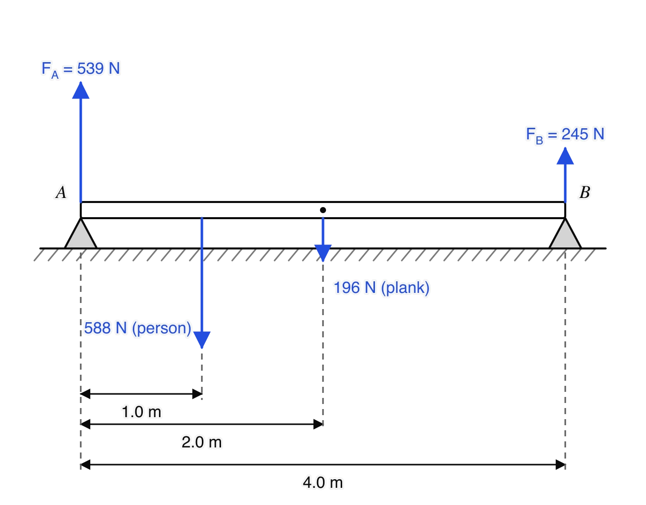 A uniform 4.0 m plank rests on supports at its ends A and B. A person stands 1.0 m from A. Blue force arrows: 588 N down at 1.0 m from A, 196 N down at the centre 2.0 m from A, F_A = 539 N up at A and F_B = 245 N up at B, with arrow lengths in proportion.