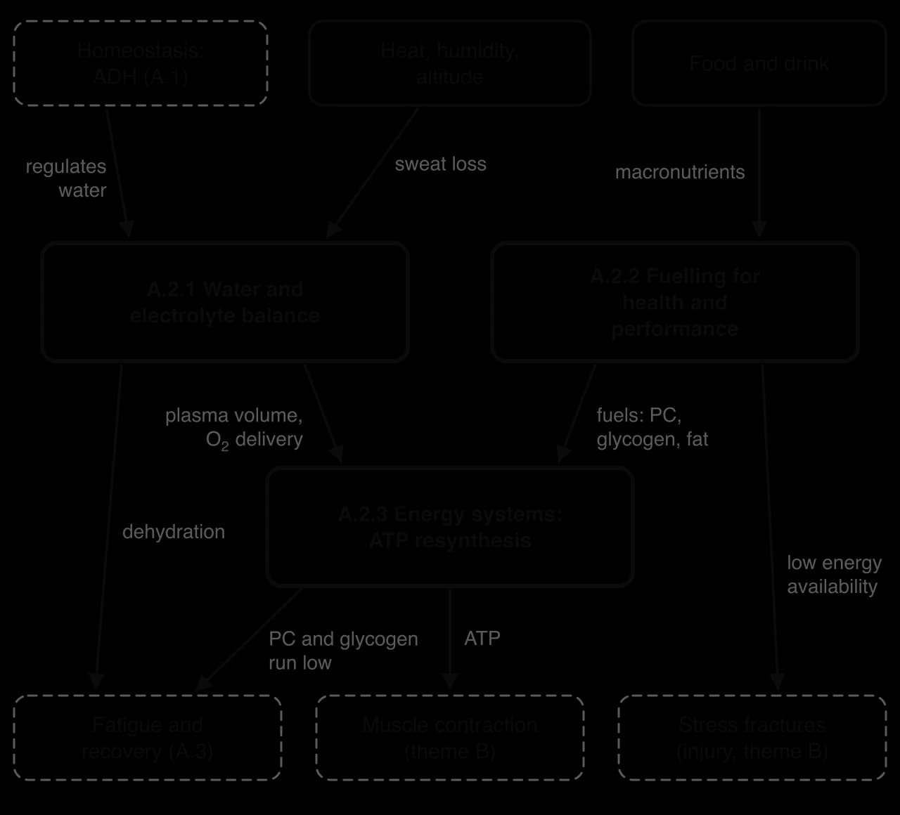 Concept map: ADH and sweat loss in heat act on A.2.1 water balance; food supplies macronutrients to A.2.2 fuelling. Both feed A.2.3 energy systems, which supply ATP to muscles. Dehydration and PC or glycogen depletion cause fatigue; low energy availability, stress fractures.