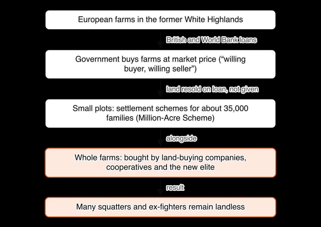 Chain of land transfer after 1960: European farms in the former White Highlands; the government buys them at market prices with British and World Bank loans; settlement schemes put about 35,000 families on small plots; land-buying companies, cooperatives and elites buy whole farms; many squatters…
