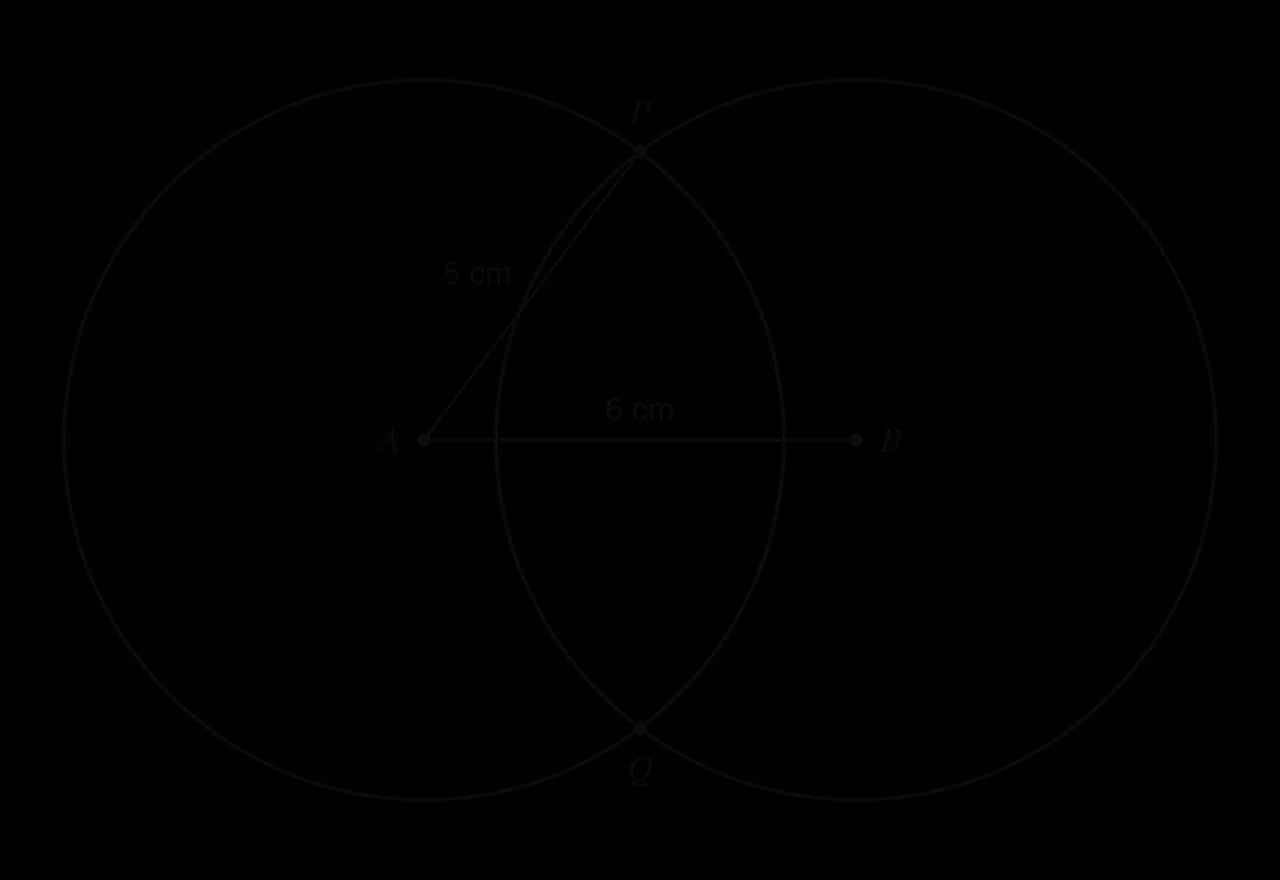 Two circles of radius 5 cm with centres A and B, where AB = 6 cm. The circles intersect at P, above AB, and Q, below AB. AP = 5 cm is drawn. The lens-shaped region inside both circles is shaded.
