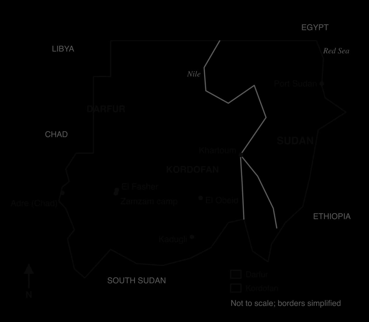 Sketch map of Sudan with Darfur and Kordofan shaded, showing El Fasher and Zamzam camp, Kadugli, El Obeid, Khartoum on the Nile, Port Sudan on the Red Sea and Adre on the Chad border. North arrow; not to scale.
