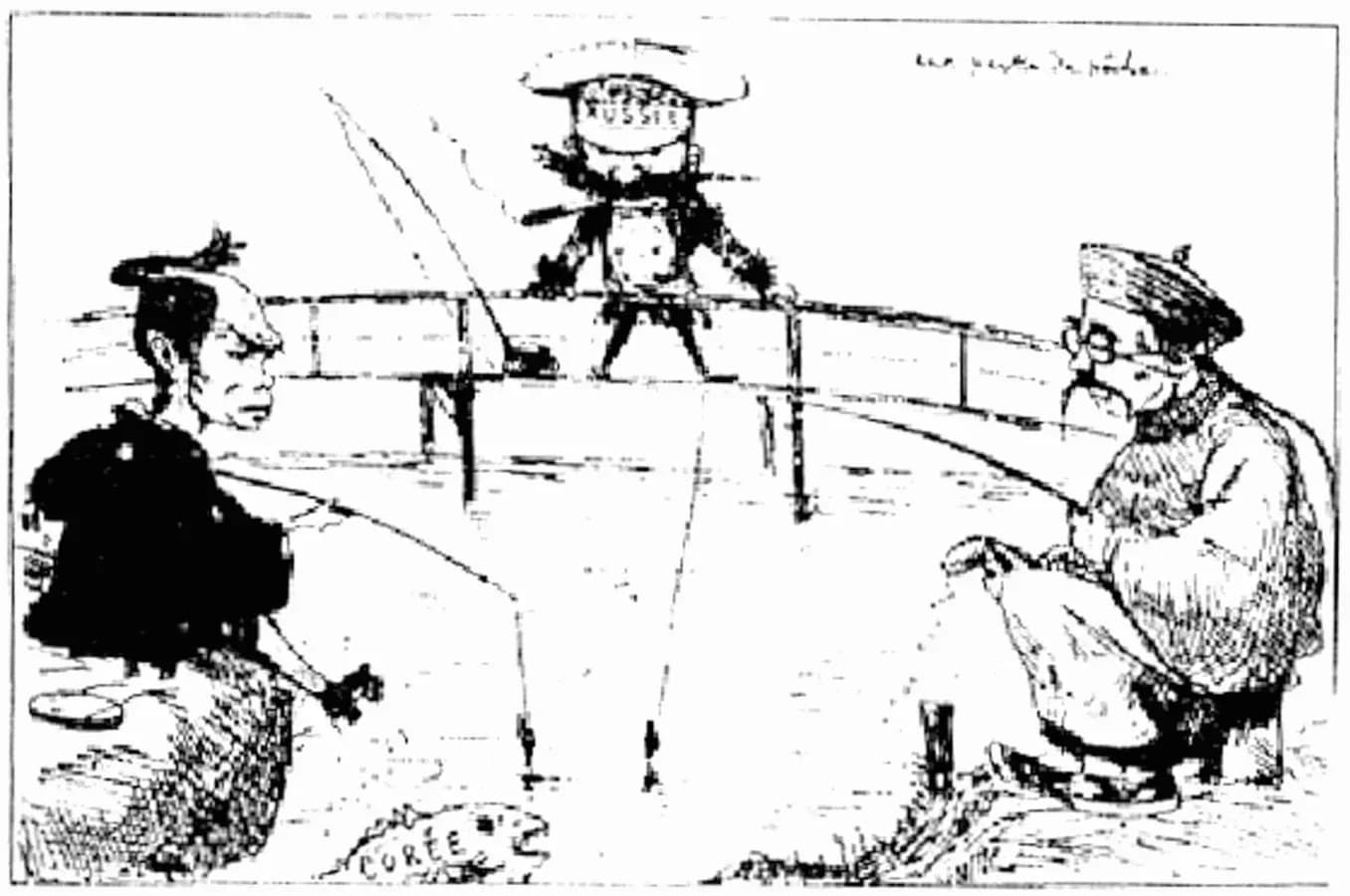 Cartoon: a Japanese man and a Chinese man sit on opposite banks, each dangling a fishing line towards a fish labelled Corée (Korea); a Russian officer stands on a bridge between them with his own rod.