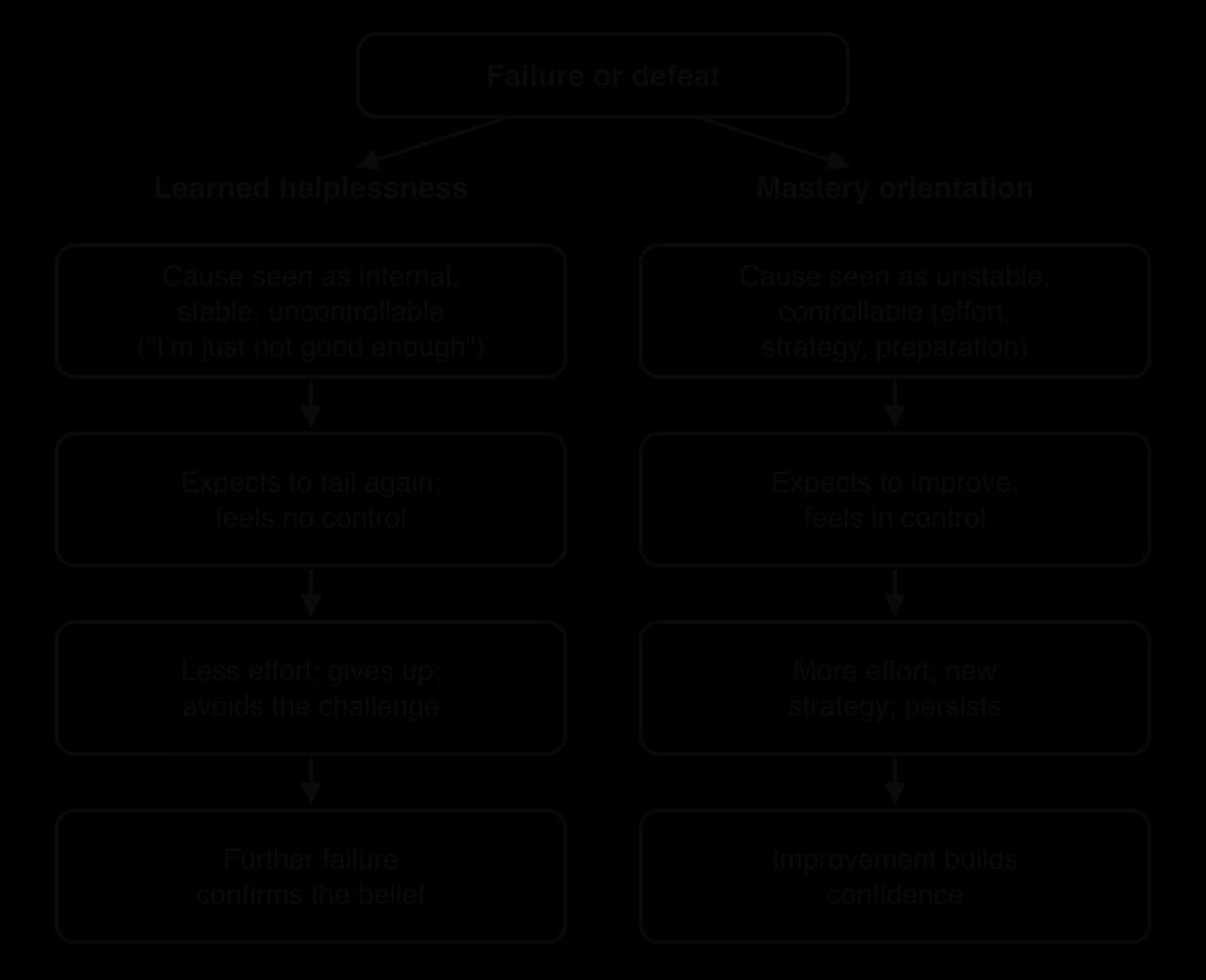 After failure, two paths. Learned helplessness: cause seen as internal, stable, uncontrollable; expects to fail; less effort, gives up; further failure. Mastery orientation: cause seen as unstable, controllable; expects to improve; more effort; improvement builds confidence.
