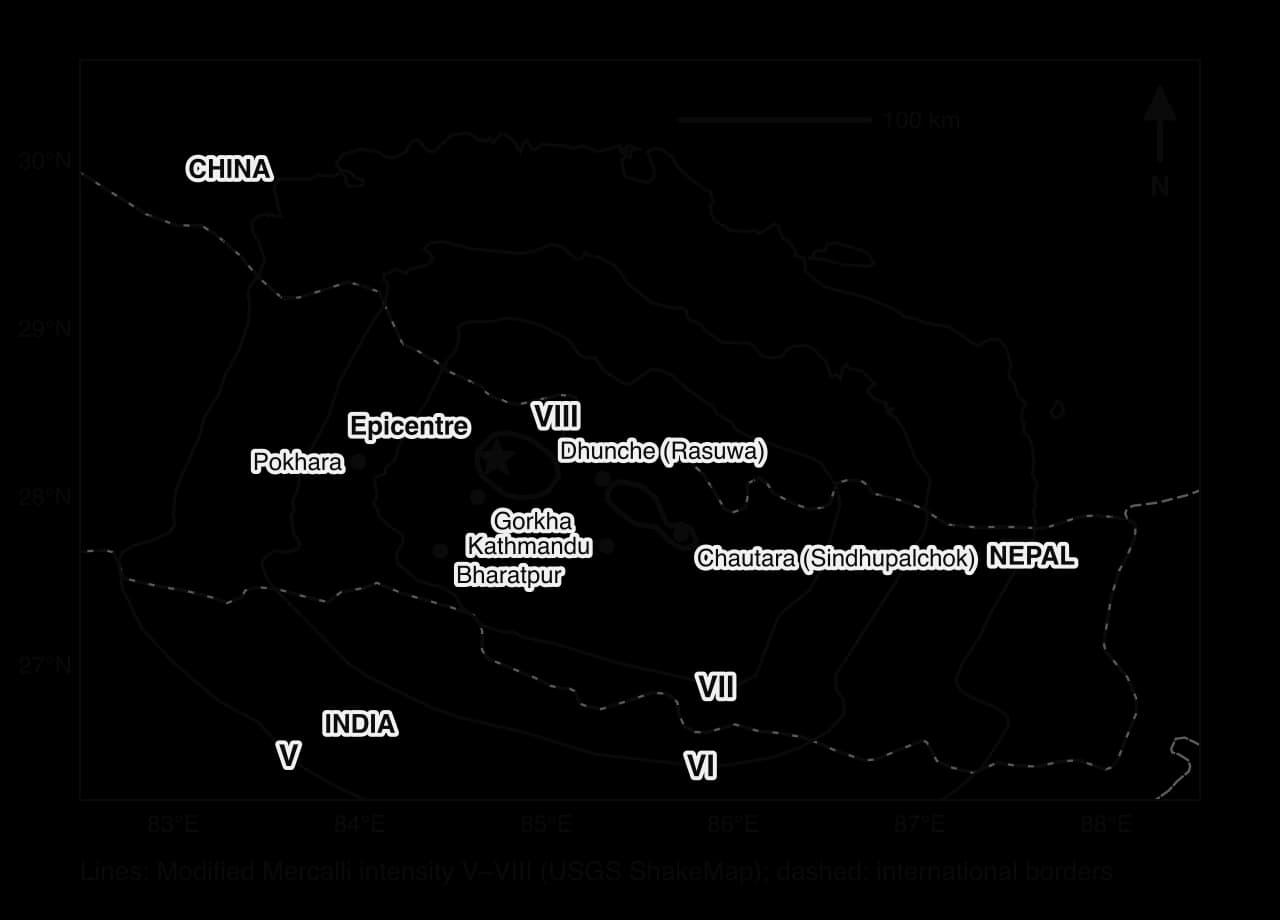 Isoseismal map of the 2015 Gorkha earthquake: intensity VIII zones around the epicentre and north-east of Kathmandu towards Sindhupalchok, with VII, VI and V contours spreading across central Nepal and into India and China.