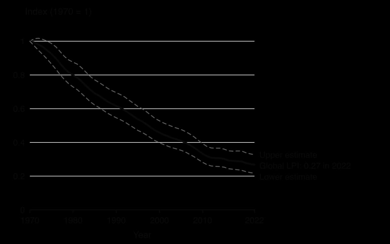 Line chart of the global Living Planet Index, 1970 to 2022, with upper and lower estimates. The central estimate falls steadily from 1.0 in 1970 to about 0.27 in 2022, an average decline of about 73%; the upper estimate ends near 0.33 and the lower near 0.22.