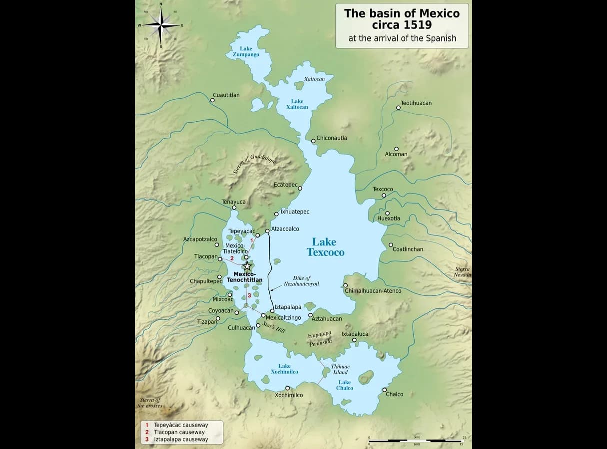 Map of the Basin of Mexico showing the connected lakes Zumpango, Xaltocan, Texcoco, Xochimilco and Chalco, the island city of Tenochtitlan with its causeways, the dike of Nezahualcoyotl east of the city, and surrounding towns such as Texcoco, Tlacopan, Azcapotzalco, Coyoacan and Chalco.