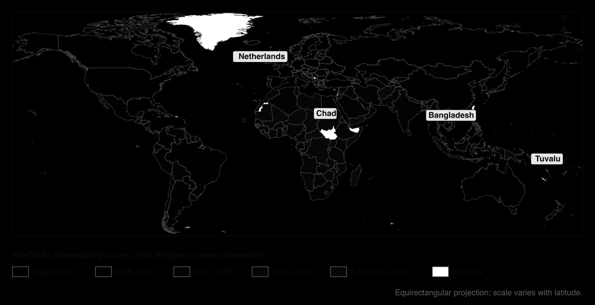 World choropleth of ND-GAIN vulnerability scores, 2024, in five grey classes from below 0.35 to 0.54 and above. Darkest in the Sahel, central Africa, Afghanistan and Bangladesh; lightest in North America, Europe, Russia and Australia. Netherlands, Chad, Bangladesh and Tuvalu labelled.