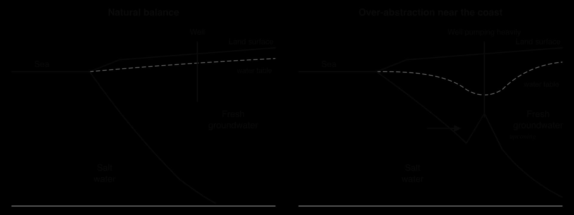 Two cross-sections of a coastal aquifer. Left, natural balance: fresh groundwater sits above a wedge of denser salt water. Right, heavy pumping from a well lowers the water table, the salt wedge moves inland and salt water rises in a cone (upconing) towards the well.