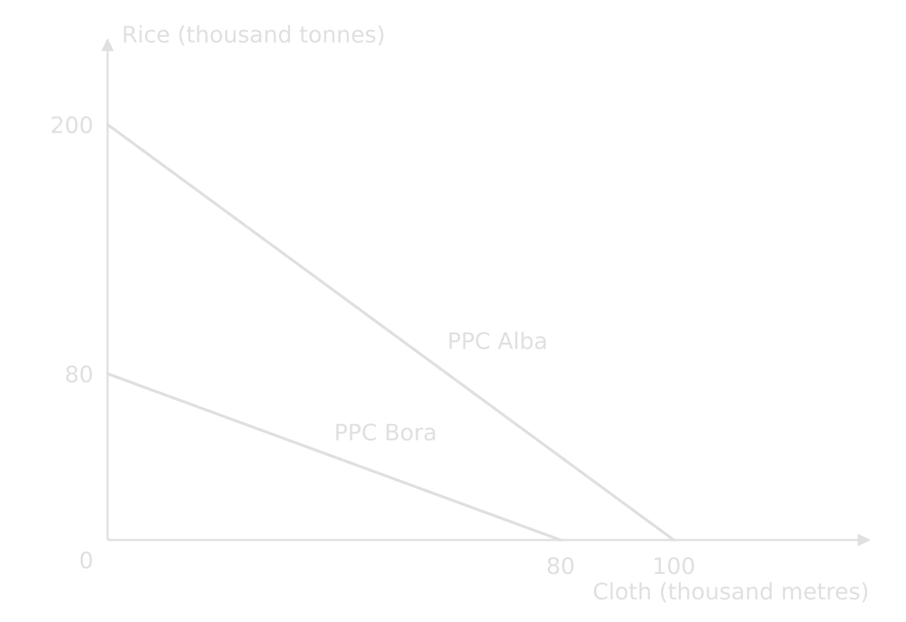 Linear PPCs: rice (thousand tonnes) against cloth (thousand metres). Alba's runs from 200 rice to 100 cloth; Bora's from 80 rice to 80 cloth, so Alba's is steeper.