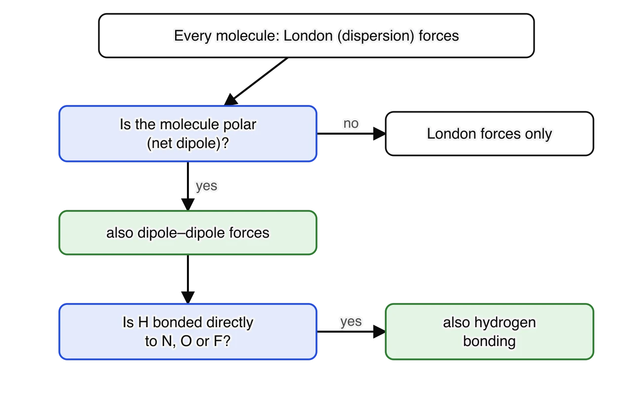 Flow chart. Every molecule has London forces. If the molecule is not polar it has London forces only. If it is polar it also has dipole–dipole forces. If it also has H bonded directly to N, O or F it also has hydrogen bonding.