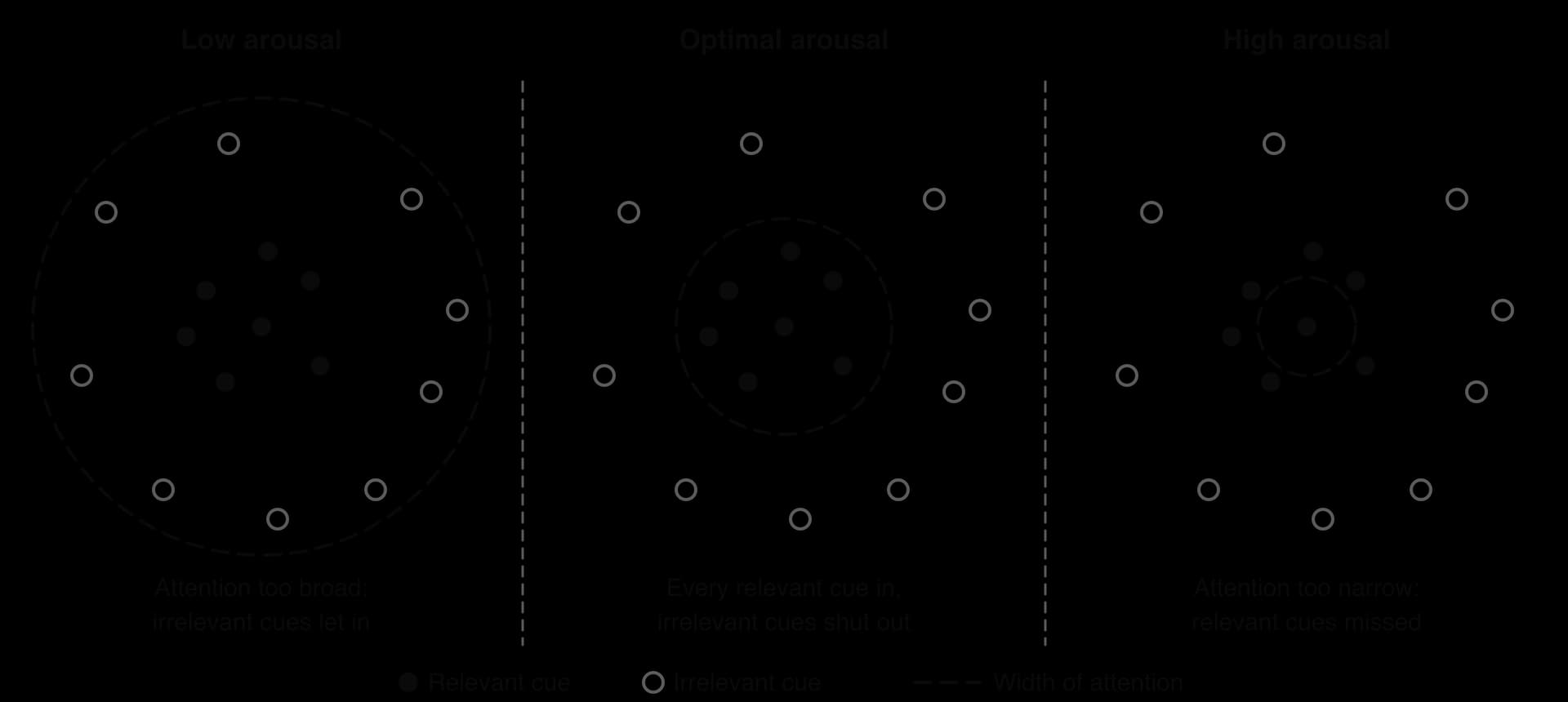 Three panels of relevant cues (filled dots, centre) and irrelevant cues (open dots, outside) with a dashed circle for the width of attention. Low arousal: circle includes all cues. Optimal: circle holds every relevant cue only. High arousal: tiny circle misses most relevant cues.