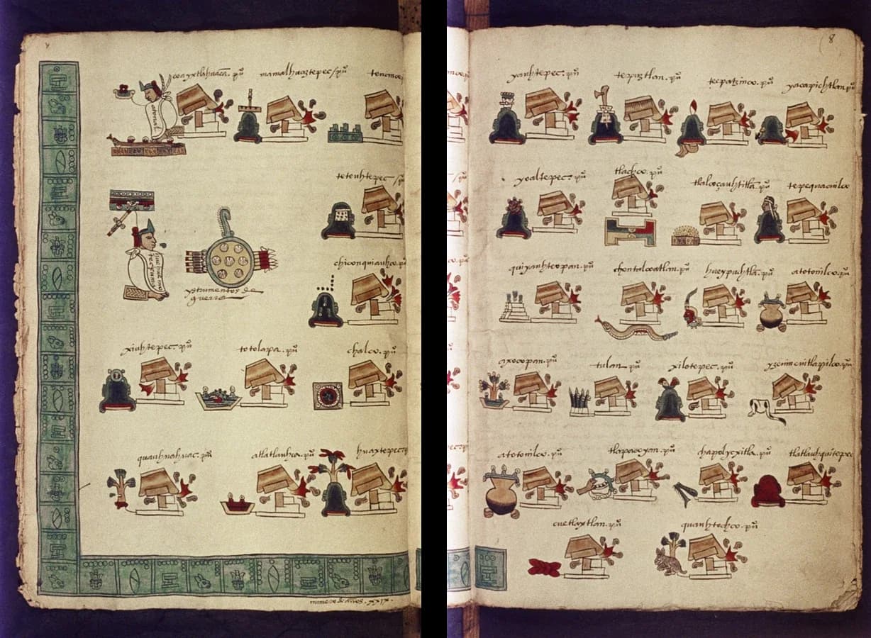 Two facing pages of the Codex Mendoza (folios 7v and 8r). On the left a seated ruler with a speech scroll beside a shield and arrows, the year signs of his reign along the edge, and burning temples with place-name glyphs for conquered towns; the right page carries more place glyphs in rows.