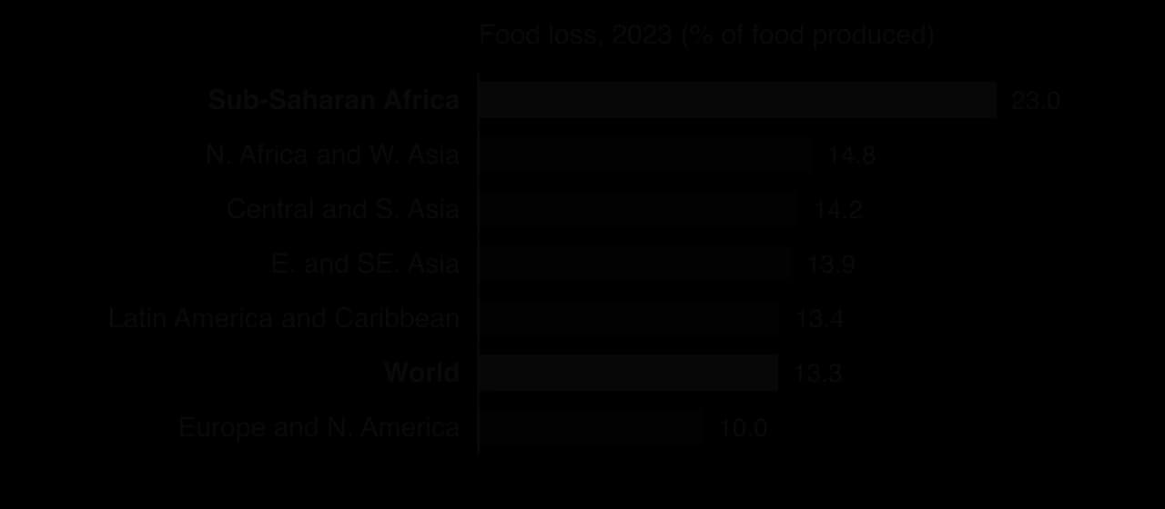 Bar chart of food loss in 2023 as % of food produced: sub-Saharan Africa 23.0, Northern Africa and Western Asia 14.8, Central and Southern Asia 14.2, Eastern and South-Eastern Asia 13.9, Latin America 13.4, world 13.3, Europe and Northern America 10.0.
