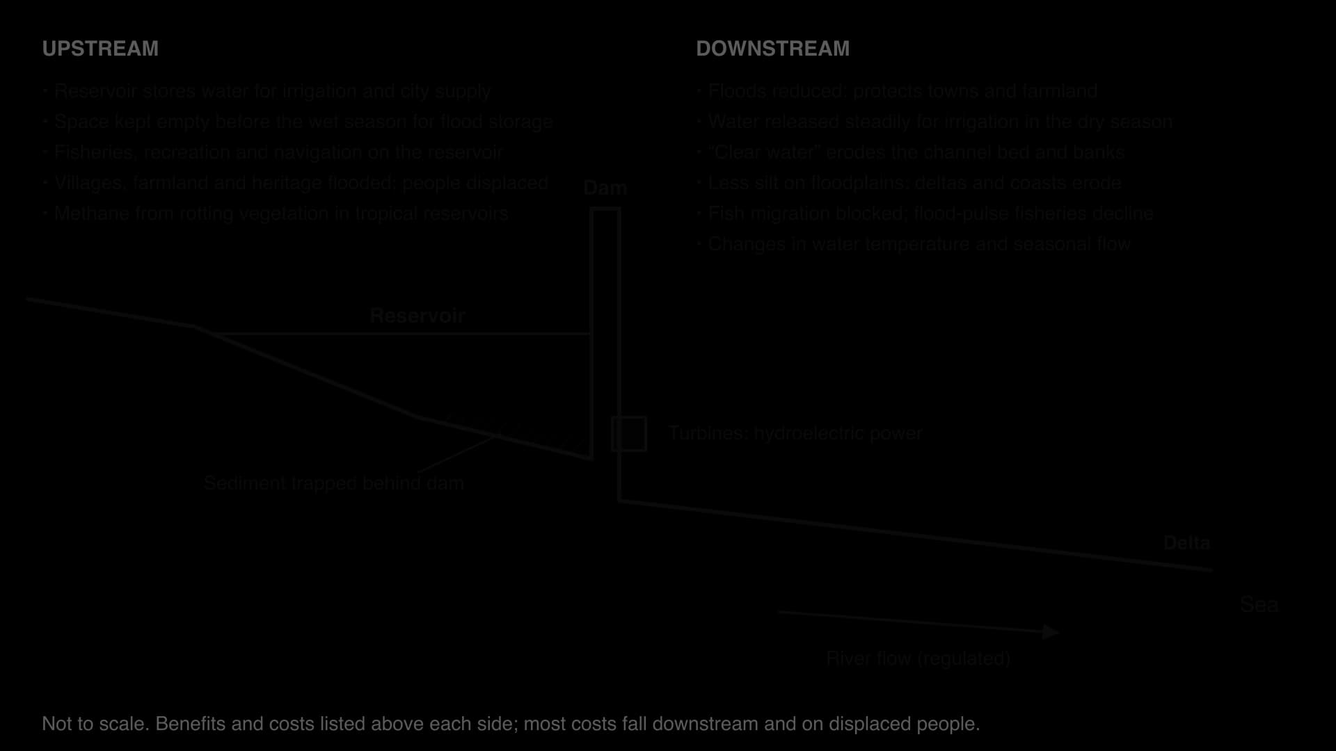 Schematic long section of a river with a dam: upstream a reservoir with trapped sediment, uses and costs (storage, flood space, fisheries, displacement, methane); downstream turbines, regulated flow to a delta, with reduced floods, channel erosion, less silt and blocked fish migration.