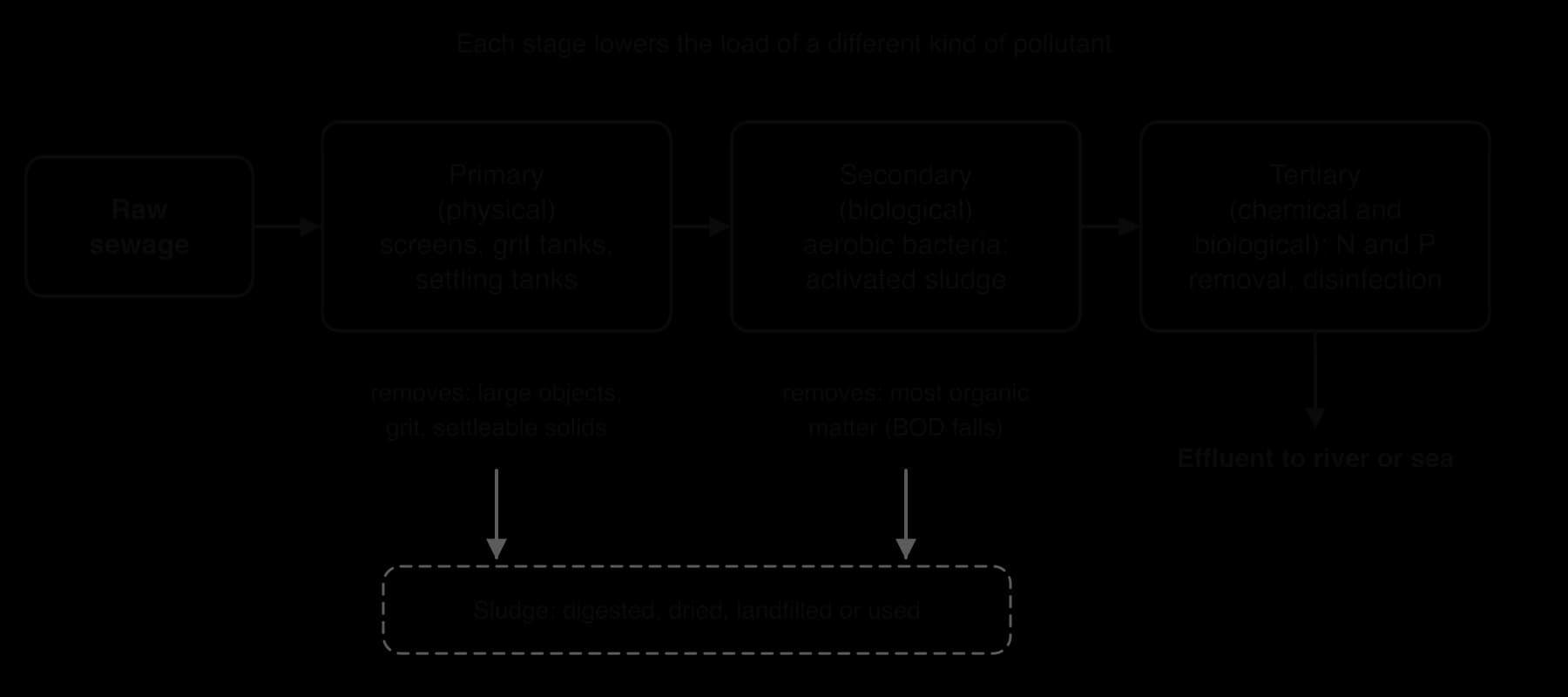 Sewage treatment flow: raw sewage to primary (physical screens and settling; removes objects, grit, solids), secondary (aerobic bacteria; removes most organic matter, BOD falls), tertiary (N and P removal, disinfection), then effluent to river or sea.
