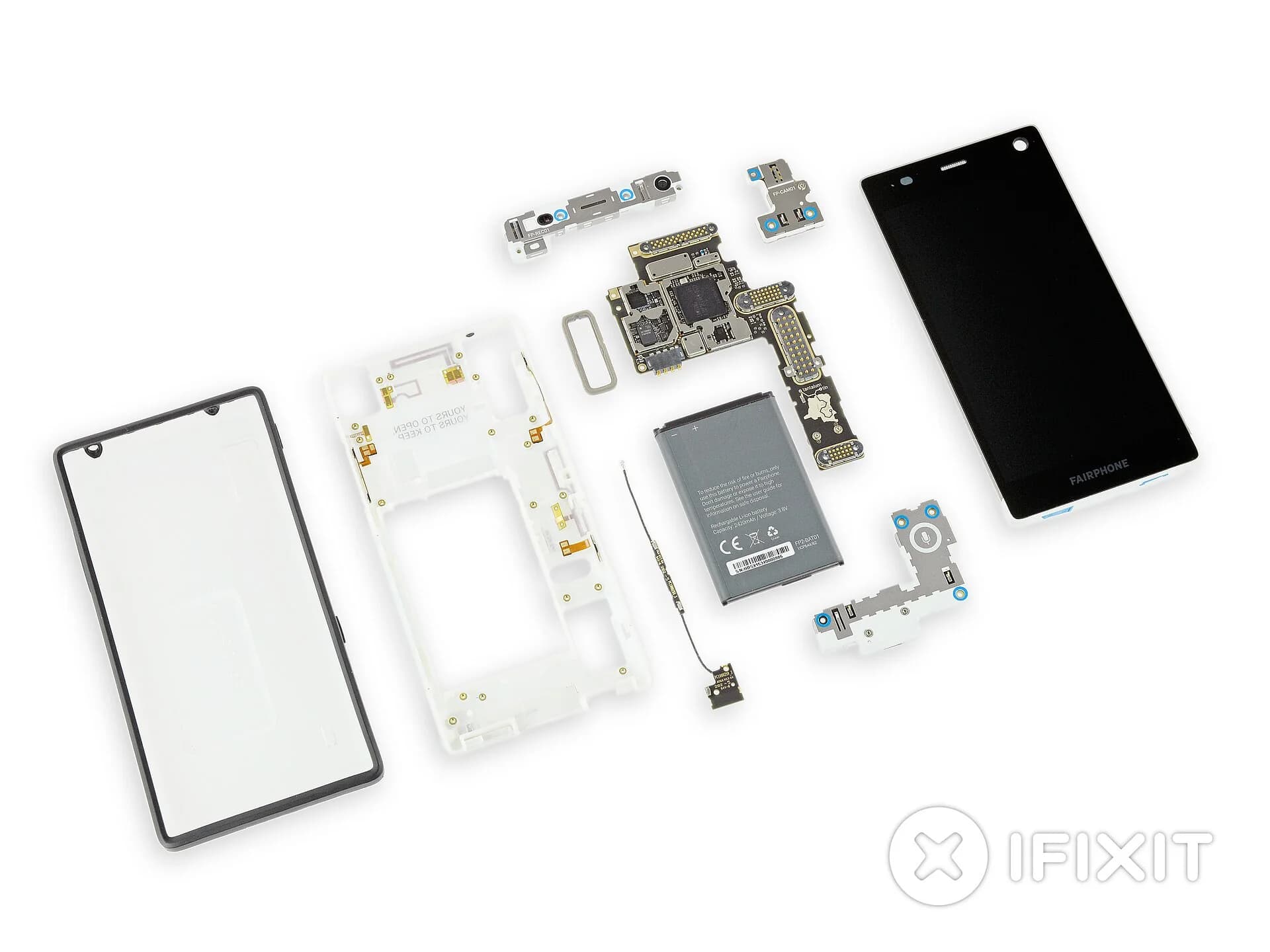 A Fairphone 2 taken apart and laid out on a white background: the back cover, the frame, the display unit, the battery, the main board, and the separate camera, top and bottom modules, each held by a few screws.