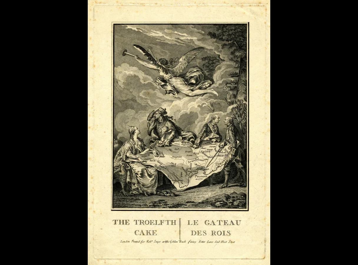 Etching of four monarchs around a map of Poland dated 1772. A seated empress points to the map, a king beside her clutches his slipping crown, a man in a sash stands looking away, and a booted king on the right rests a sword on the map. A winged figure blows trumpets above.