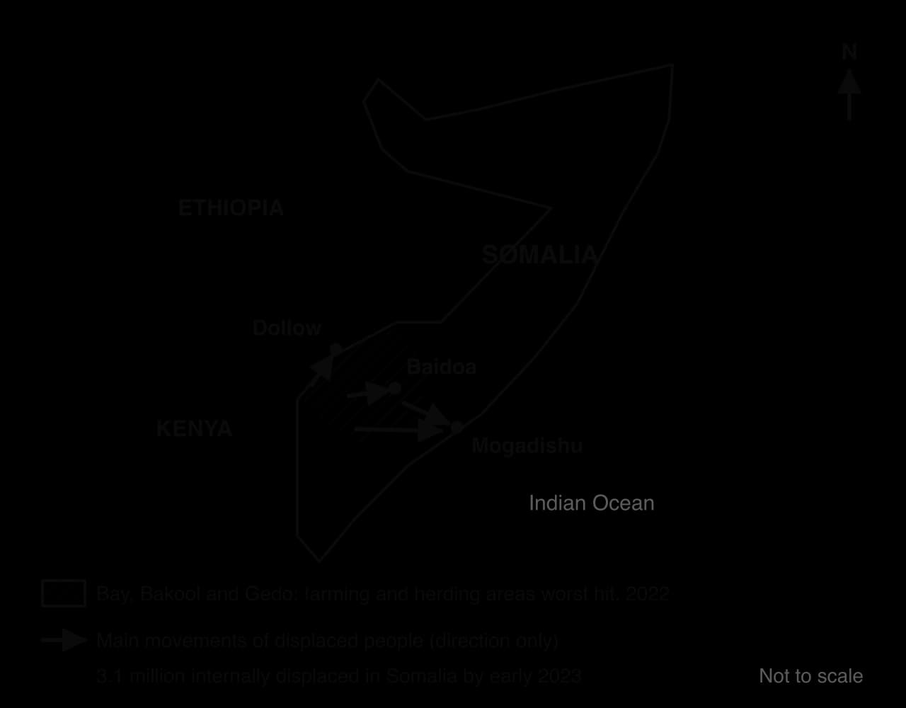 Sketch map of southern Somalia: hatched worst-hit farming and herding areas of Bay, Bakool and Gedo, with arrows of displaced people moving to Baidoa, Mogadishu and Dollow; 3.1 million internally displaced by early 2023.