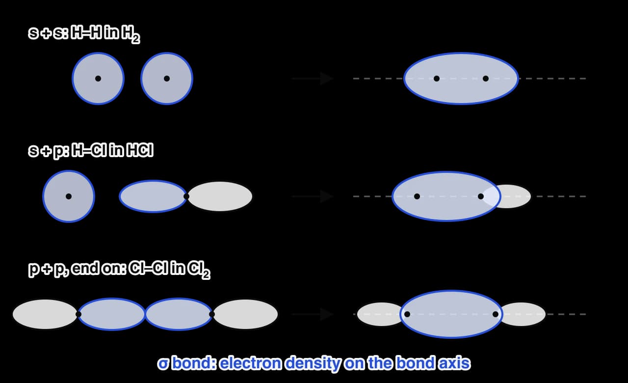 Three rows showing sigma bond formation by head-on overlap: two s orbitals (H2), an s orbital with one lobe of a p orbital (HCl), and two p orbitals end to end (Cl2). In each product the overlap region lies on the dashed bond axis.