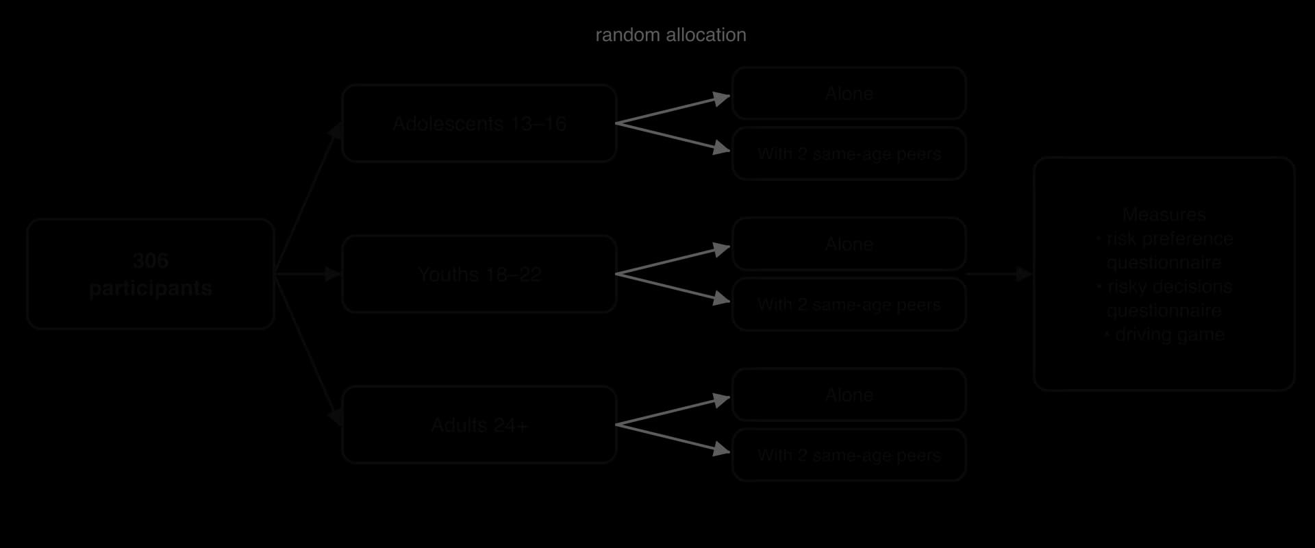 Design of Gardner and Steinberg (2005): 306 participants in three age groups (13–16, 18–22, 24+), each randomly allocated to alone or with two same-age peers, then a risk preference questionnaire, a risky decisions questionnaire and a driving game.