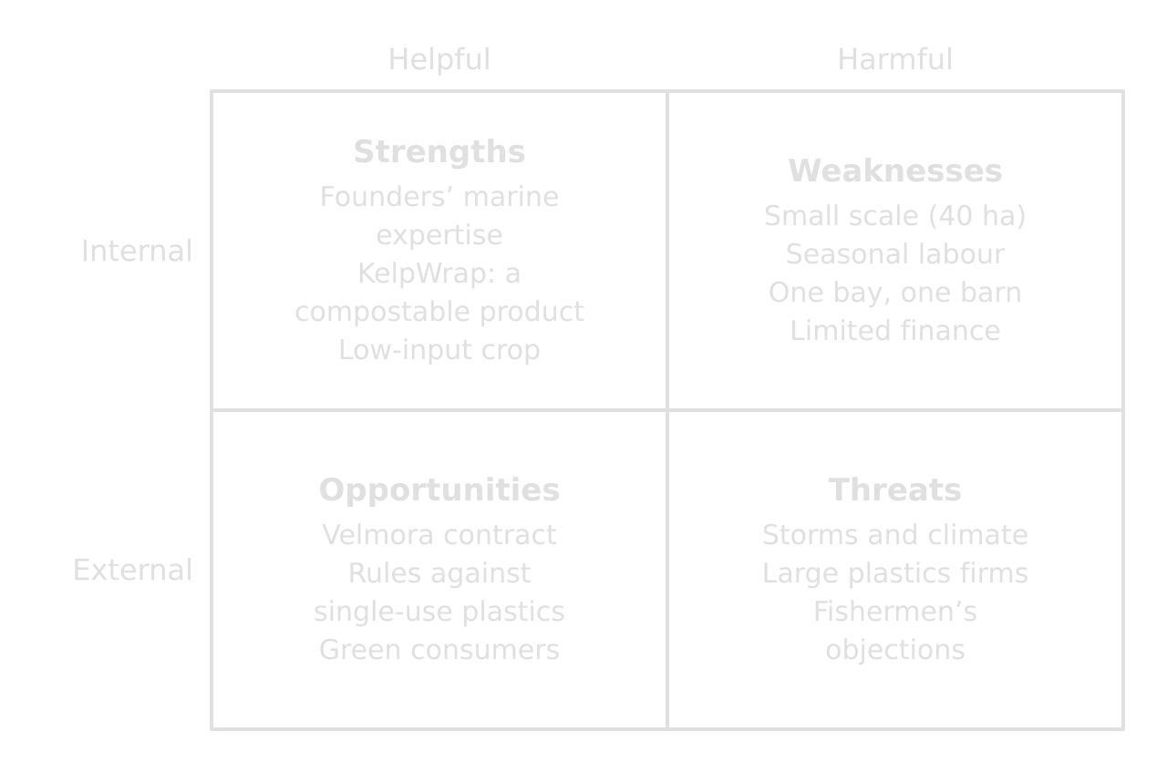 SWOT grid for the fictional Harbourline Kelp. Strengths: marine expertise, KelpWrap, low-input crop. Weaknesses: small scale, seasonal labour, one bay and one barn, limited finance. Opportunities: Velmora contract, plastics rules, green consumers. Threats: storms, plastics firms, fishermen.
