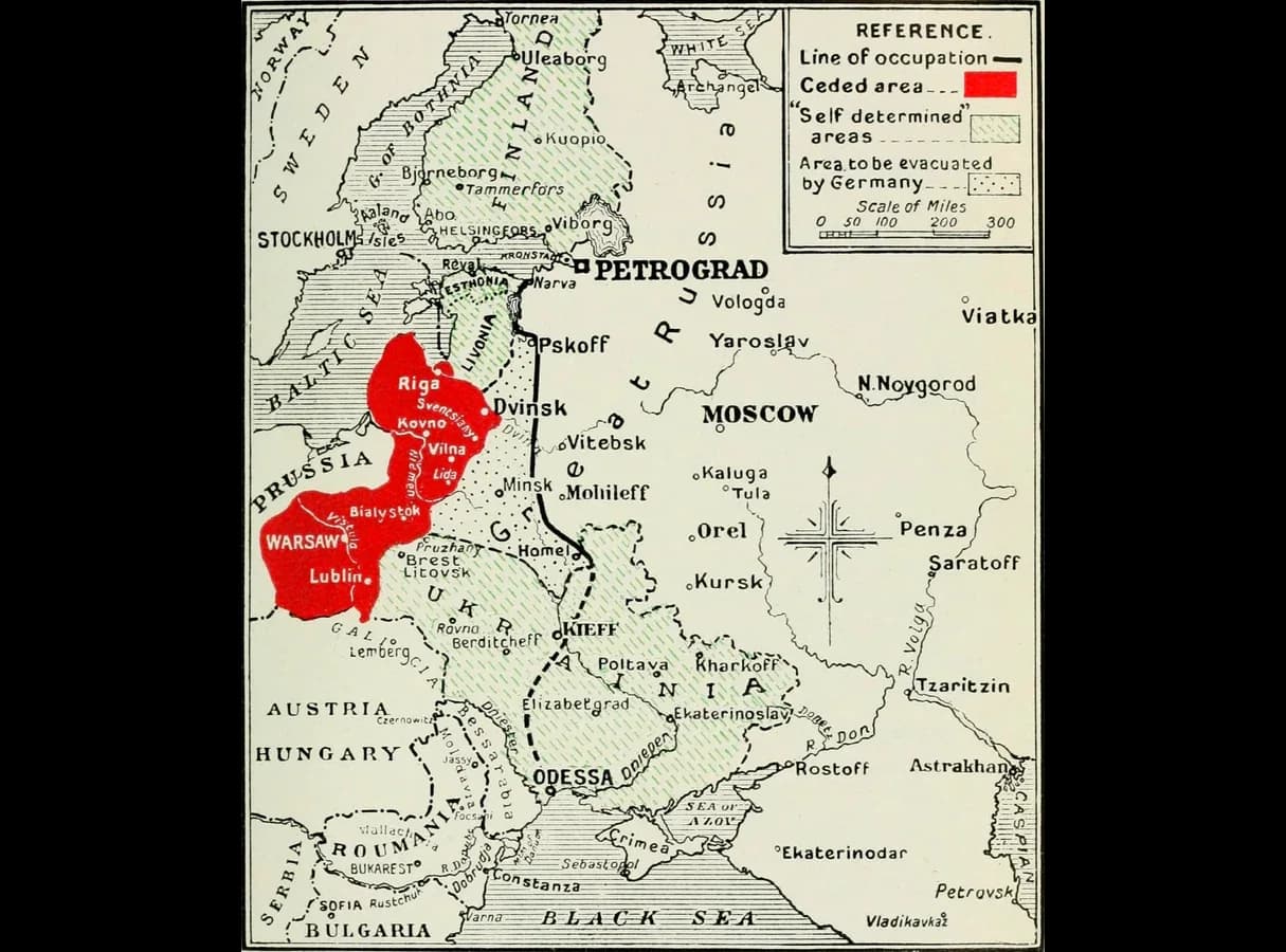 Black-and-white map of western Russia with areas shaded. A red area around Warsaw, Lublin, Vilna, Kovno and Riga is marked as ceded; Finland, Estonia, Livonia and a large Ukraine stretching from the Austrian border to beyond Kharkov are marked as self-determined areas; a heavy line of German…