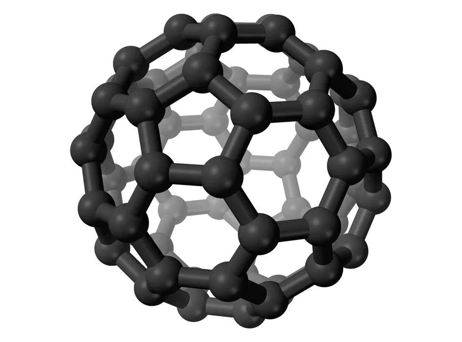 Ball-and-stick model of a buckminsterfullerene molecule, C60: sixty carbon atoms forming a hollow, roughly spherical cage of linked pentagons and hexagons, like a football.