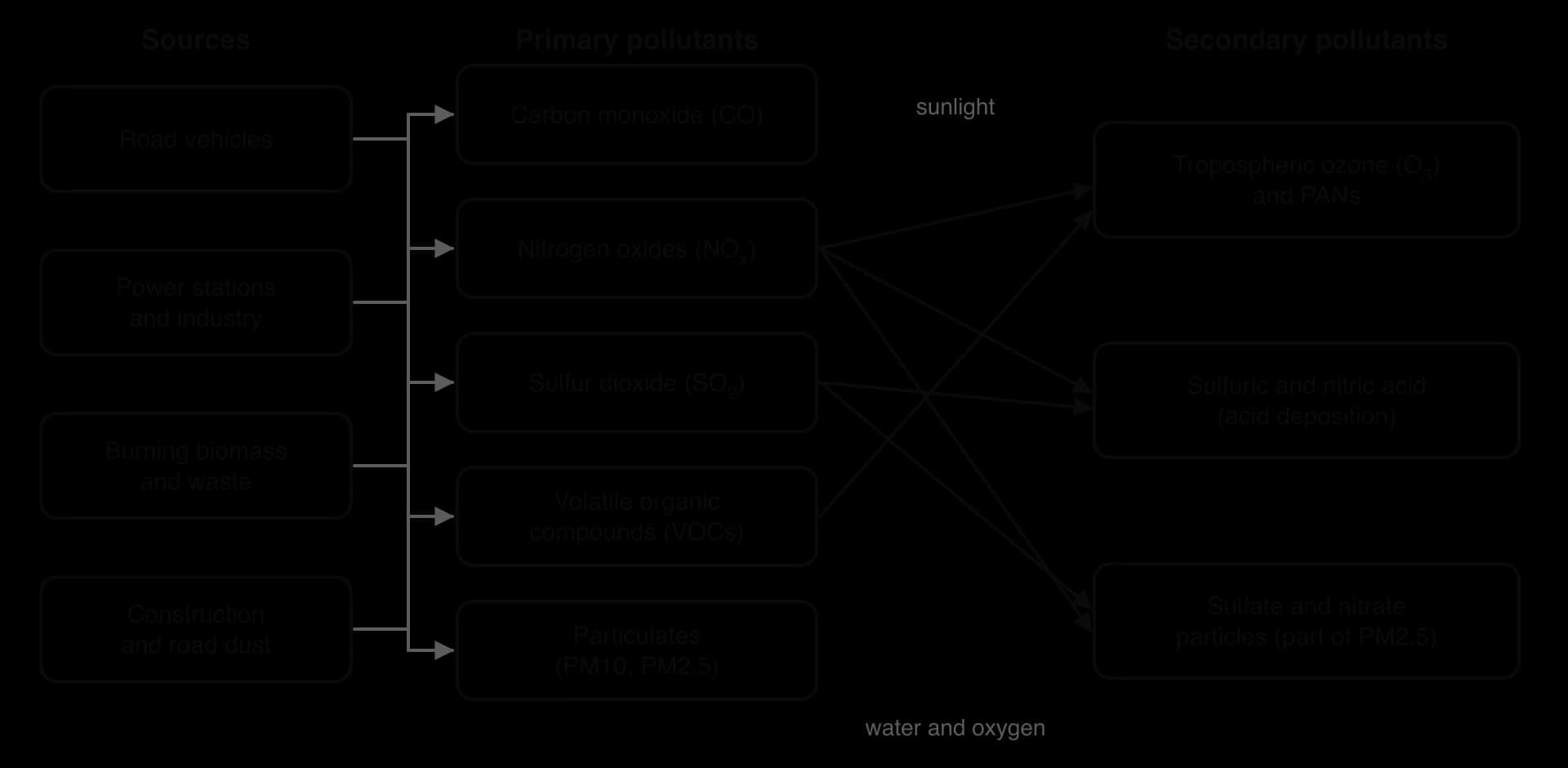 Sources (vehicles, power stations and industry, burning biomass and waste, dust) emit primary pollutants CO, NOx, SO2, VOCs and particulates. NOx and VOCs form ozone and PANs in sunlight; SO2 and NOx form sulfuric and nitric acid and sulfate and nitrate particles.