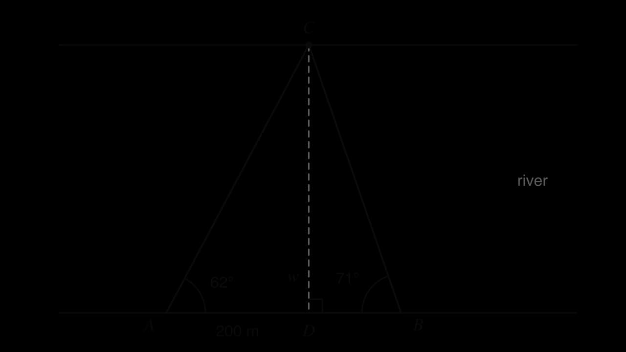A river with parallel banks. On the near bank, A and B are 200 m apart. A tree C stands on the far bank. Angle CAB is 62 degrees and angle CBA is 71 degrees. The dashed perpendicular from C meets AB at D and has length w, the width of the river.