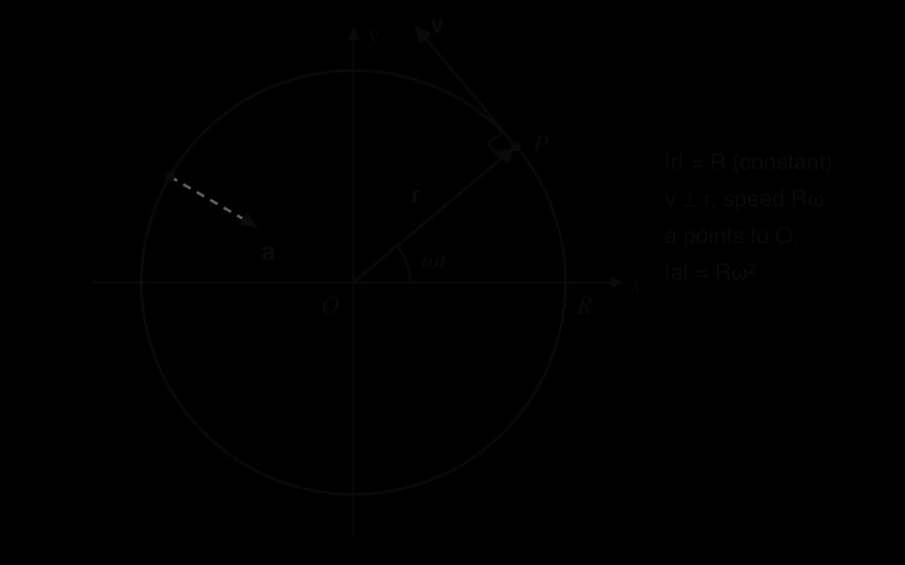 Circle of radius R centred at O on x and y axes. Point P at angle ωt with position vector r from O; velocity v at P is tangent, at right angles to r. At another point the acceleration a points towards O. Notes: |r| = R, v ⟂ r, speed Rω, |a| = Rω².