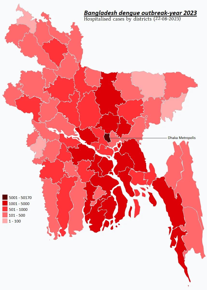 Map of Bangladesh districts shaded by hospitalised dengue cases to 22 August 2023: Dhaka Metropolis 5,001–50,170; many central and southern districts 1,001–5,000; northern and eastern districts fewer.