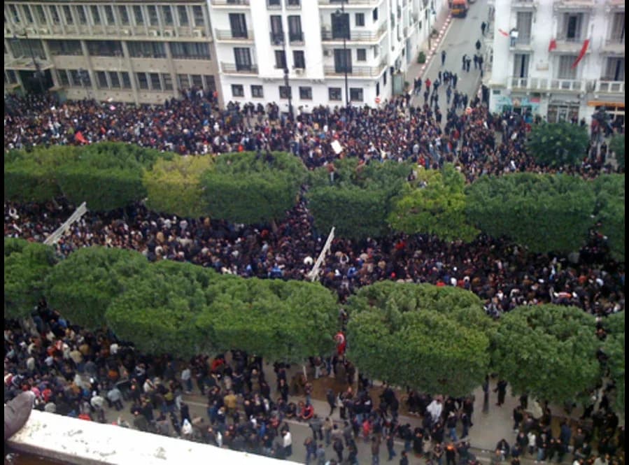 Photograph taken from a balcony of a dense crowd of thousands of protesters filling a wide avenue lined with clipped trees and white buildings in central Tunis; a few placards are visible.