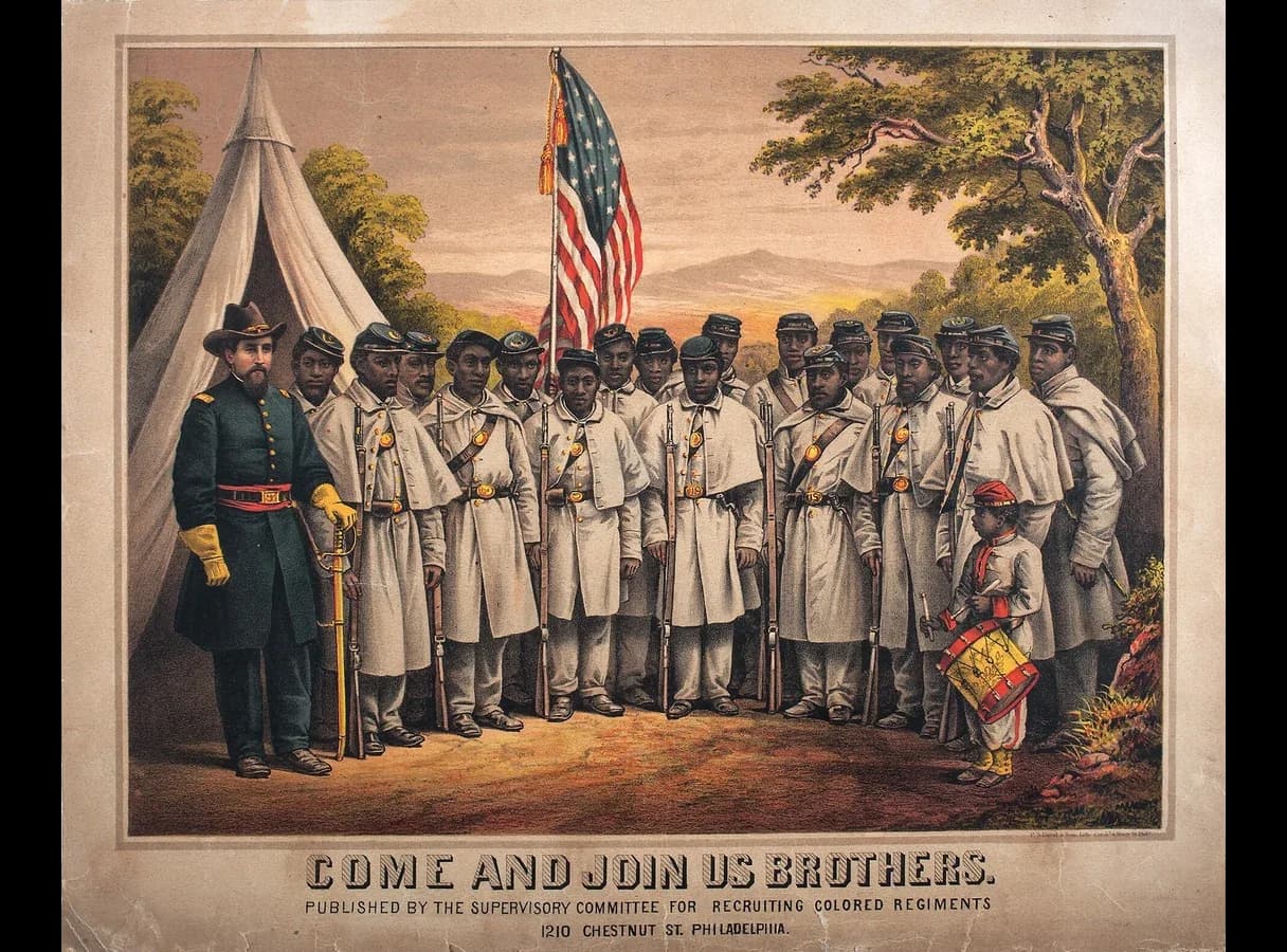 Coloured lithograph of a company of Black Union soldiers in uniform with rifles, standing under the US flag beside a tent, with a white officer at the left and a young drummer at the right. The title reads Come and Join Us Brothers.