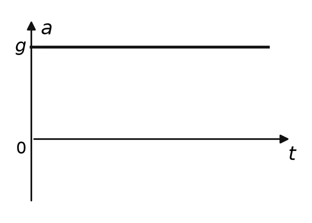 Horizontal straight line at a = g for all times.