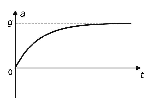 Curve starting at zero and rising with decreasing steepness, levelling off towards g.