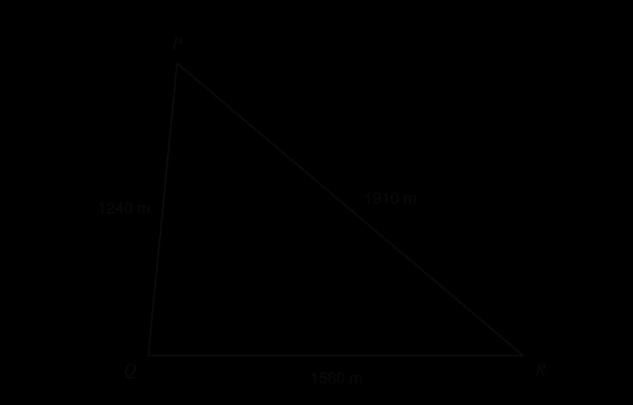 Triangle PQR representing a field. PQ = 1240 m, QR = 1580 m, PR = 1910 m.