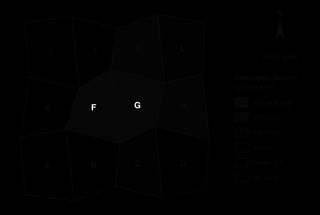 Choropleth of 12 hypothetical districts A–L shaded in five classes of population density from under 50 to 400 and over people per km², with district J hatched as no data. Densities are highest in central districts F and G.