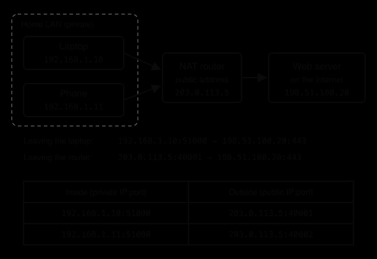 Laptop 192.168.1.10 and phone 192.168.1.11 in a home LAN connect to a NAT router with public address 203.0.113.5, which connects to web server 198.51.100.20. Table: 192.168.1.10:51000 maps to 203.0.113.5:40001; 192.168.1.11:51000 maps to 203.0.113.5:40002.