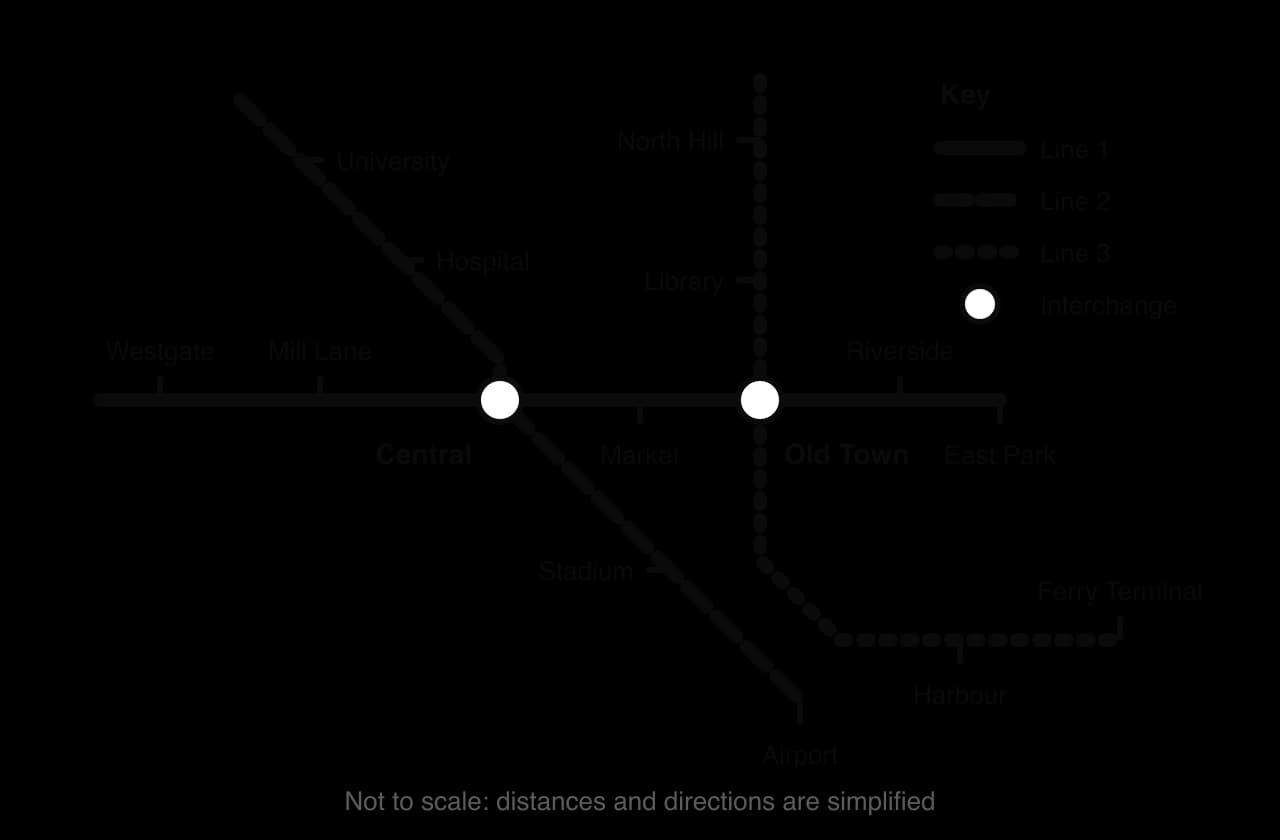 Topological map of a hypothetical metro: Line 1 west–east, Line 2 north-west to south-east, Line 3 north–south then east to Ferry Terminal; interchanges at Central and Old Town; 13 other stations; straight lines, not to scale.